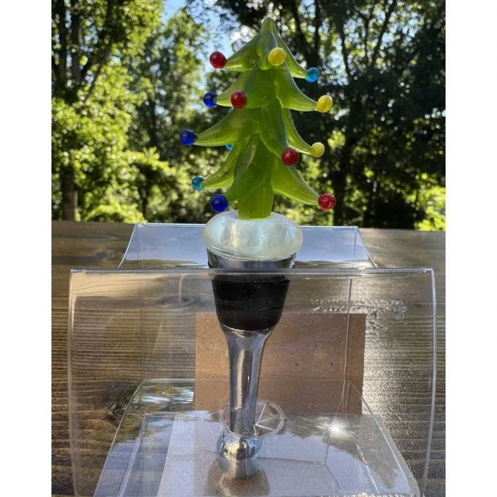 Christmas Tree Wine Bottle Stopper Pier 1 Hand Blown Art Glass Holiday Decor
